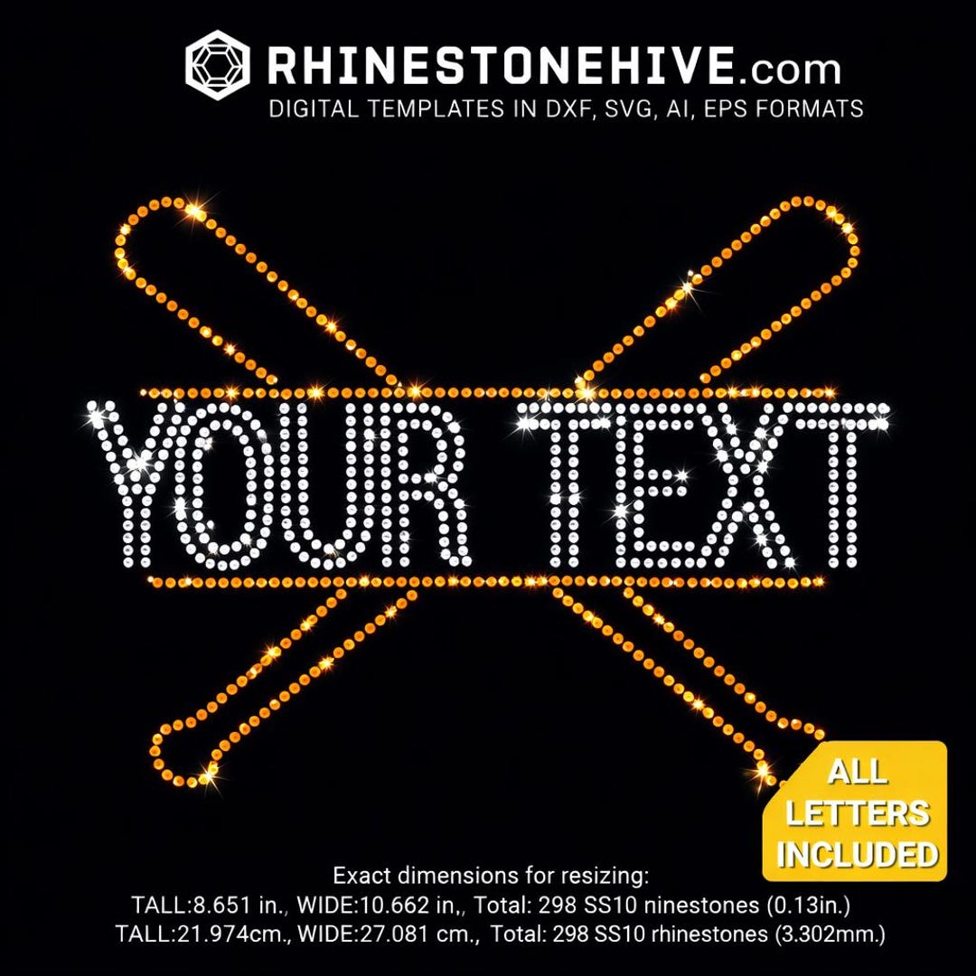 Baseball Rhinestone Template, Crossed Bats Custom Text Design (digital ...