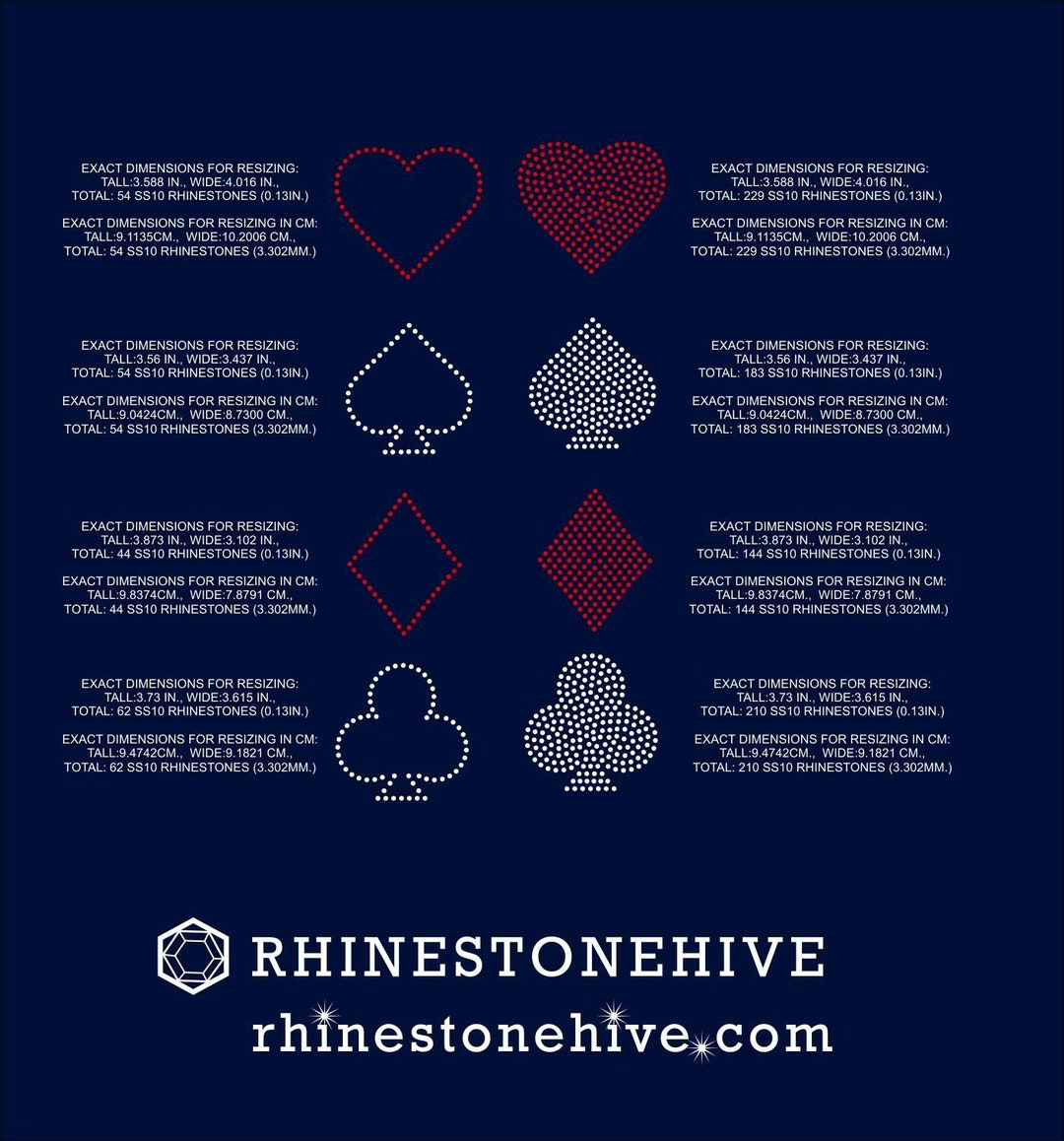 Playing Card Symbols, Heart, Club, Diamond, Spade Rhinestone Template