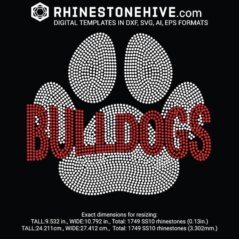 rhinestone template, bulldogs design, paw print rhinestone pattern, sports team bling, school spirit, digital download, DIY craft design, SVG DXF file, custom sports wear, glitter bulldog theme, Cricut and Silhouette compatible, handmade team gear,