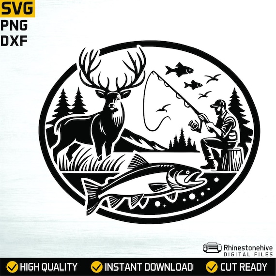 Hunting & Fishing Scene – Wildlife Adventure Digital Design (SVG, PNG)