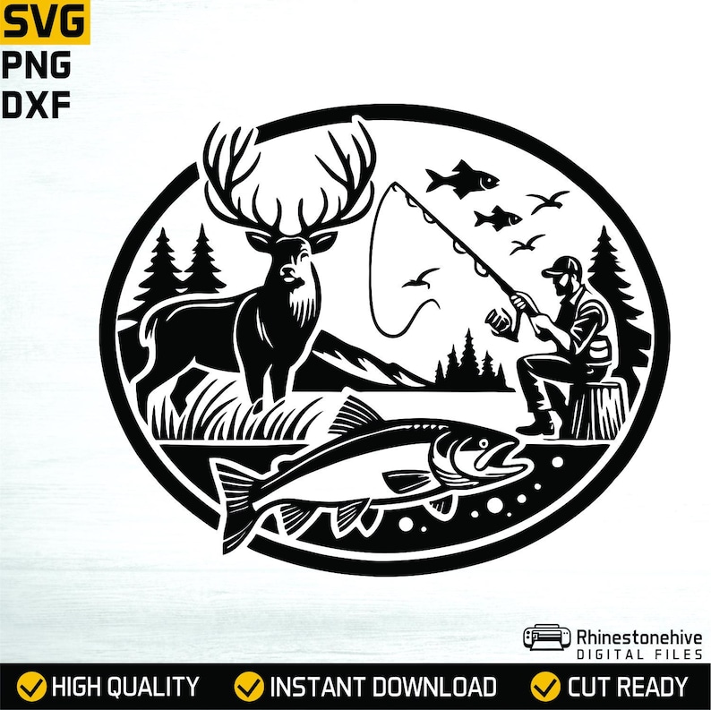 Hunting & Fishing Scene – Wildlife Adventure Digital Design (SVG, PNG)