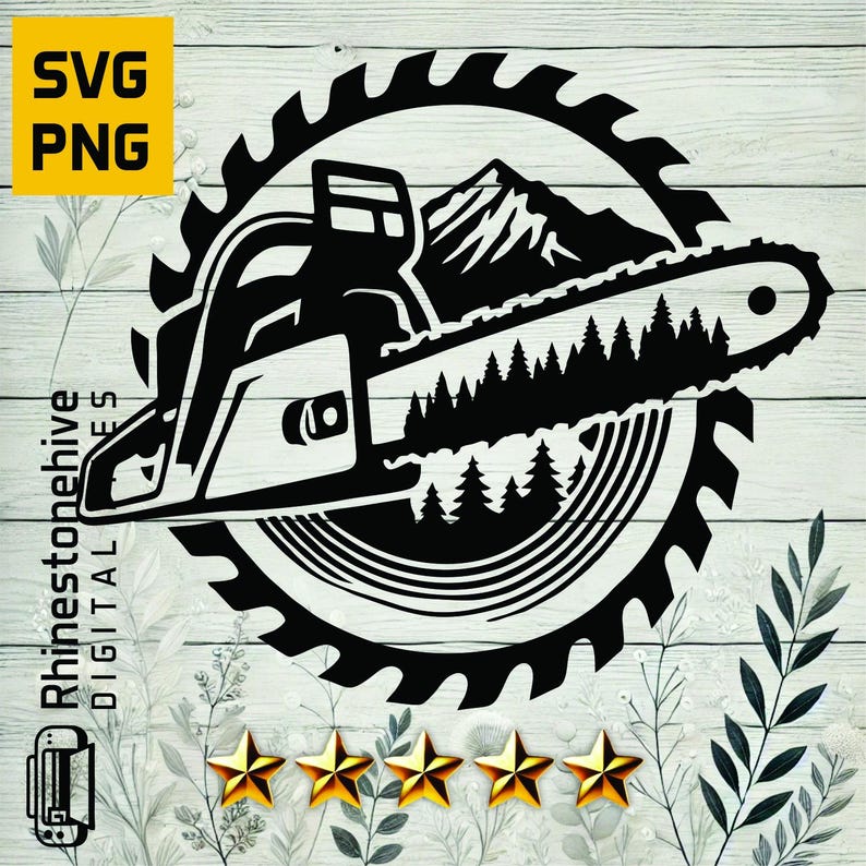 chainsaw logo, forestry design, lumberjack emblem, logging vector, woodcutter silhouette, tree cutting illustration, saw blade clipart, mountain and chainsaw, black-and-white chainsaw art, woodworker design, timber industry logo, arborist illustration, outdoor adventure decal, rugged tools vector, nature and craftsmanship, rustic woodland design, Cricut chainsaw SVG, Silhouette lumberjack file, wilderness tools artwork.