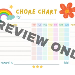 Puede incluir: Un gráfico de tareas imprimible colorido con un arcoíris, estrellas y flores. El gráfico incluye una sección para tareas, días de la semana, puntos y un espacio para una recompensa.