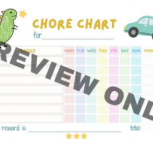 Puede incluir: Un gráfico de tareas imprimible con un dinosaurio verde y un coche azul. El gráfico tiene espacios para tareas, días de la semana y puntos. También tiene un espacio para una recompensa.