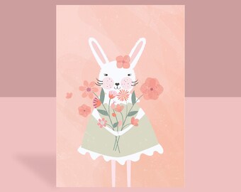 Illustration mignonne et unique transformée en carte postale bien pensée. Fleurs, lapin.