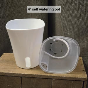 May include: A 4" self watering pot consisting of an opaque white outer container with a vertical slot and a translucent inner liner featuring a white cotton wick and drainage holes for moisture regulation and plant hydration.