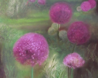 Pastel painting "Allium Giganteum" on paper in 50x70 format