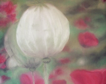 Tableau pastel Coquelicot Rose sur papier pastel 50 x 70 cm