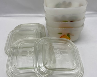 Vintage Fire King Gay Fad Small Square Refrigerator Dish with Lid, Set of 4