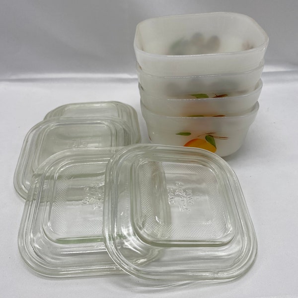 Vintage Fire King Gay Fad Small Square Refrigerator Dish with Lid, Set of 4