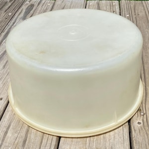 Puede incluir: Un recipiente redondo de plástico blanquecino con tapa. El recipiente tiene una superficie ligeramente texturizada y una base redondeada. La tapa tiene una pequeña hendidura circular en el centro. El recipiente está sobre una superficie de madera.