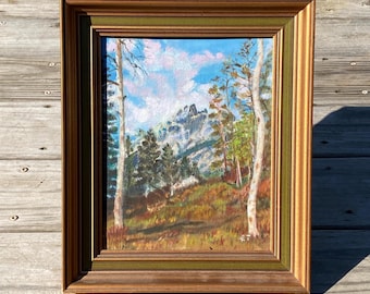 Vintage Framed Canvas Painting Grand Tetons, 8 x 10 Mountain Scene, Framed Wall Art