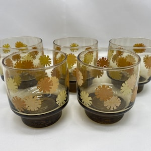 Set of 5 Amber Color Juice Glasses with Flowers