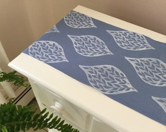 Handprinted blue tablecloth,  Linen table runner, Bureau scarf handmade in Maine.