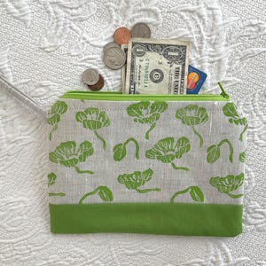 Pochette zippée en lin naturel avec impression vert citron. Pochette zippée imprimée à la main pour téléphone, argent liquide, clés et cartes. Petite trousse à cosmétiques.