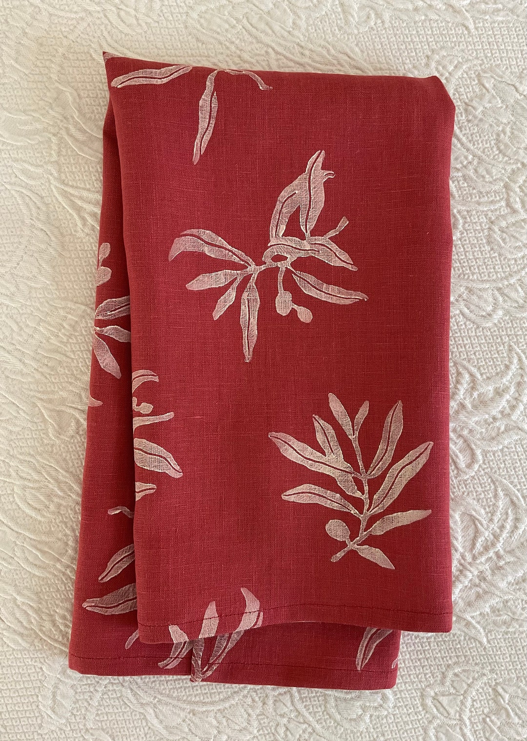 Olive Block Print Kitchen Towel. Handprinted Red Linen Dish Etsy