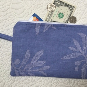 Zip pouch with embroidered block print. Linen coin purse. Small cosmetics case.