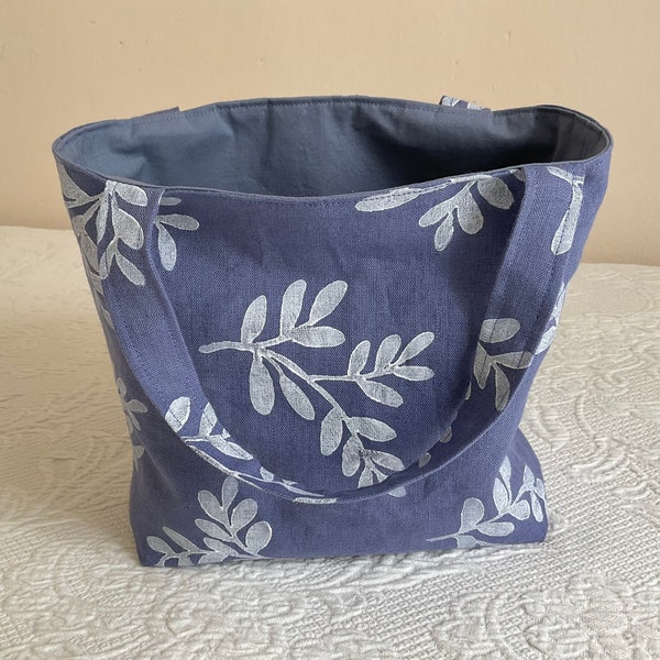 One of a kind handprinted linen handbag. Wisteria blue bag with block print. Handmade gift for her. Made in Maine