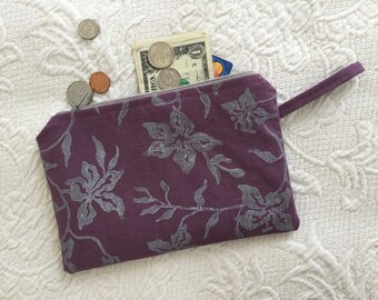 Purple linen zipper pouch, Handprinted plum fabric bag, Makeup case or coin purse, Handmade in Maine.