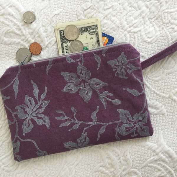 Purple linen zipper pouch, Handprinted plum fabric bag, Makeup case or coin purse, Handmade in Maine.