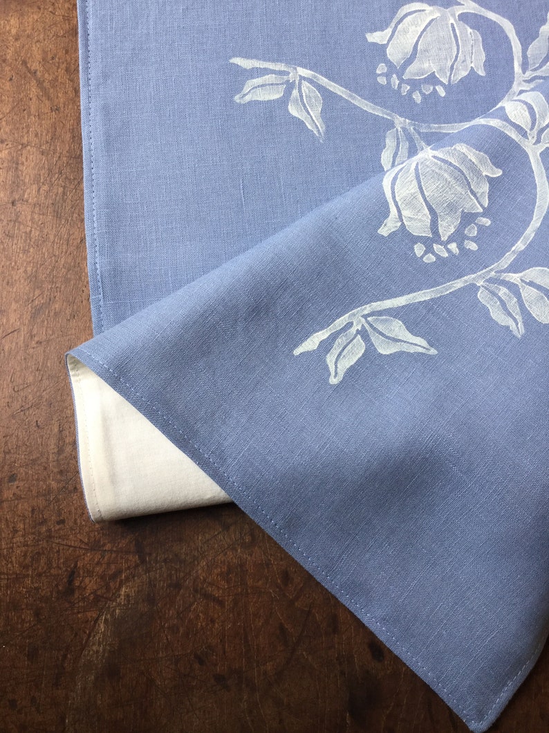 Blue Linen Table Runner With Block Printed White Pattern Etsy