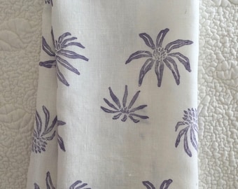 White linen and cotton  dish towel. Floral block printed tea towel. Hand towel for kitchen or bath. Housewarming gift. Made in Maine.