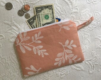 Muted peach zipper pouch, Handprinted linen zip bag, Washable coin purse, Small cosmetics case, Handmade in Maine.