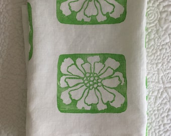 Block printed white tea towel, Linen and cotton dish cloth, One of a kind kitchen textiles, Handmade in Maine.