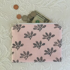 Bolsa de lino rosa con cremallera, Estuche pequeño para cosméticos, Lino estampado en bloque, Monedero de tela lavable.