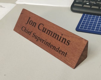 Solid Wood Personalised Desk Name Plate, Office Plaque Solid Wood Base, Custom Engraved Sign, OAK, Walnut, Sapele (Mahogany substitute)