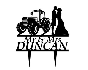 Bride and Groom in Kilt, Silhouette Wedding Cake Topper with Tractor, Personalised Cake Topper High Quality Acrylic, Custom Made