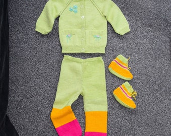 Hand Knitted Baby Set: Cotton Blend Cardigan, Pants & Booties (3-6 Months)