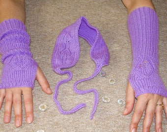 Hand knitted Fingerless gloves mittens & Headband, wrist warmers,arm warmers, Gift for a girlfriend,Christmas,Birthday, Premium Acrylic Yarn