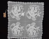 Crocheted Lace Angels Tablecloth, Handmade Home Decor, Angelic motif, Vintage Crochet lace, Square Tablecloth, Hand Sewn Vintage Tablecloth