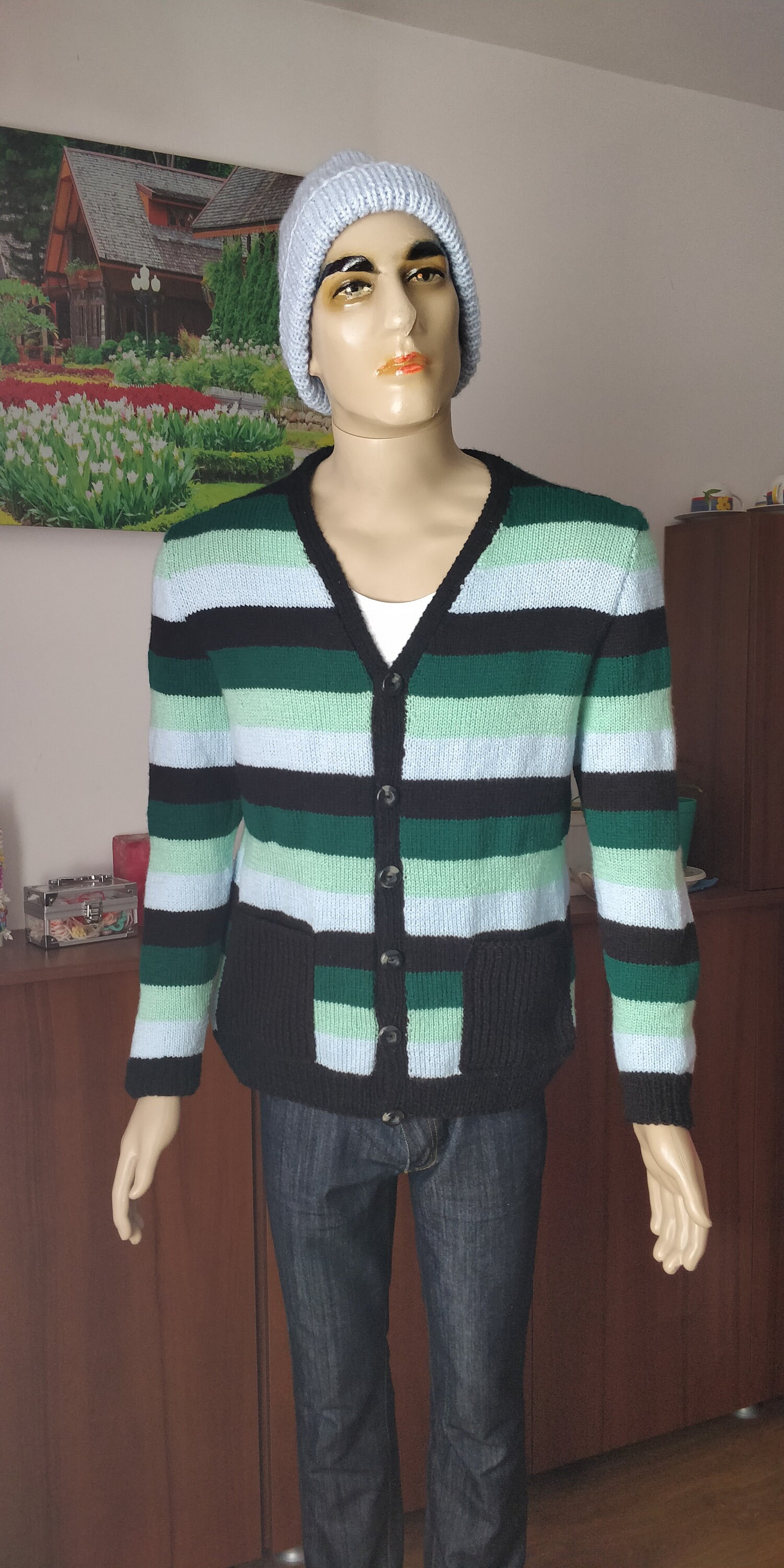 Image of Hand Knitting Men's Cardigan, Winter Warm Cardigan With Pockets, Buttons, Teenage Special Gift For Him