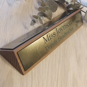 Personalized Triple-Sided Desk Name Plate: Solid Wood Engraved Sign
