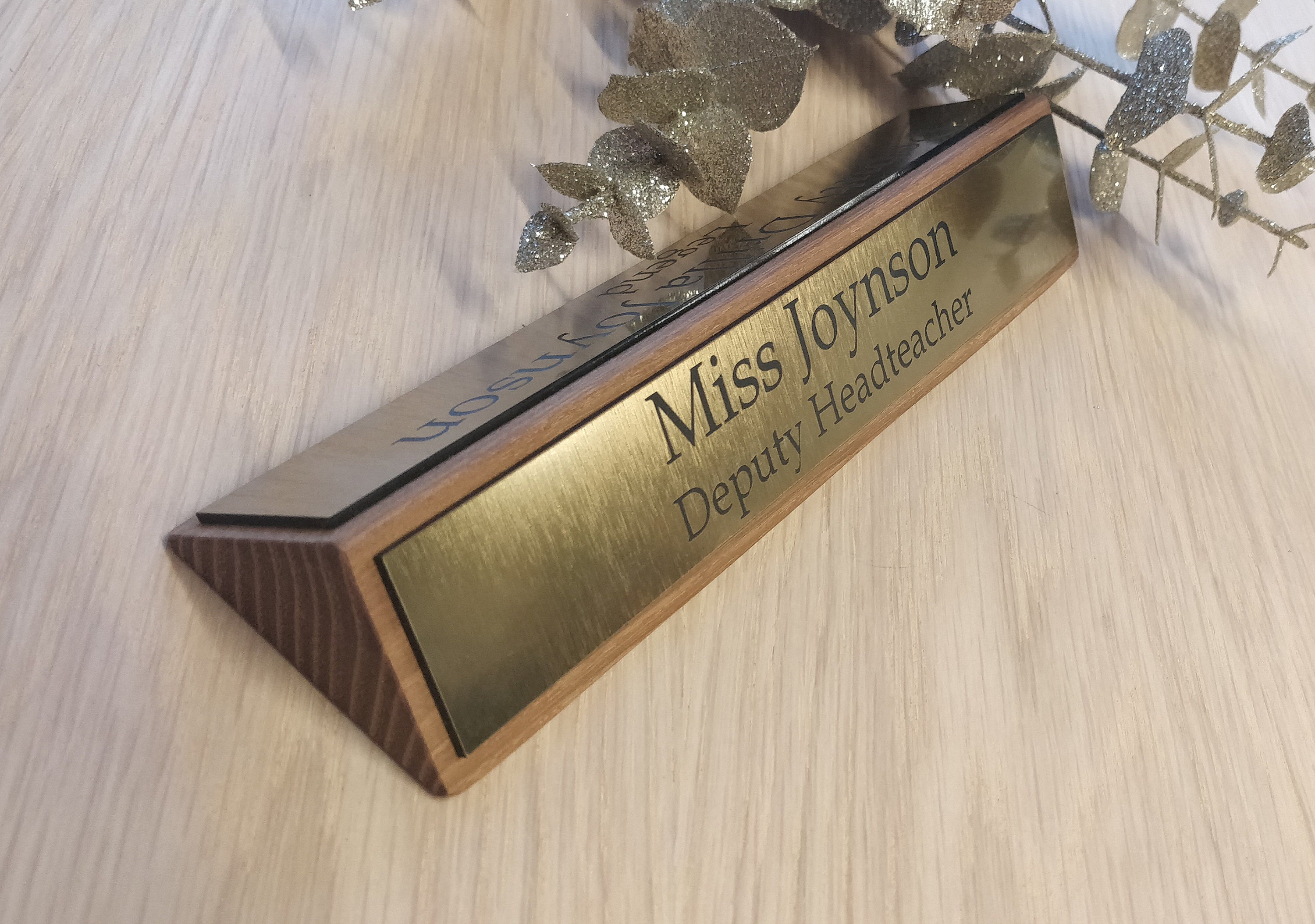 Personalised Triple sided Desk Name Plate Solid Wood Base Custom