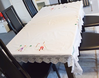 Embroidery Tablecloth; Long Tablecloth Hand Made Embroidery; Crochet Lace; Rectangular Tablecloth; Hand Sewn Tablecloth