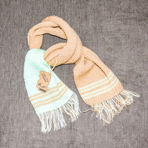 Hand Knitted Toddler Scarf: Brown & Pale Green Acrylic Yarn