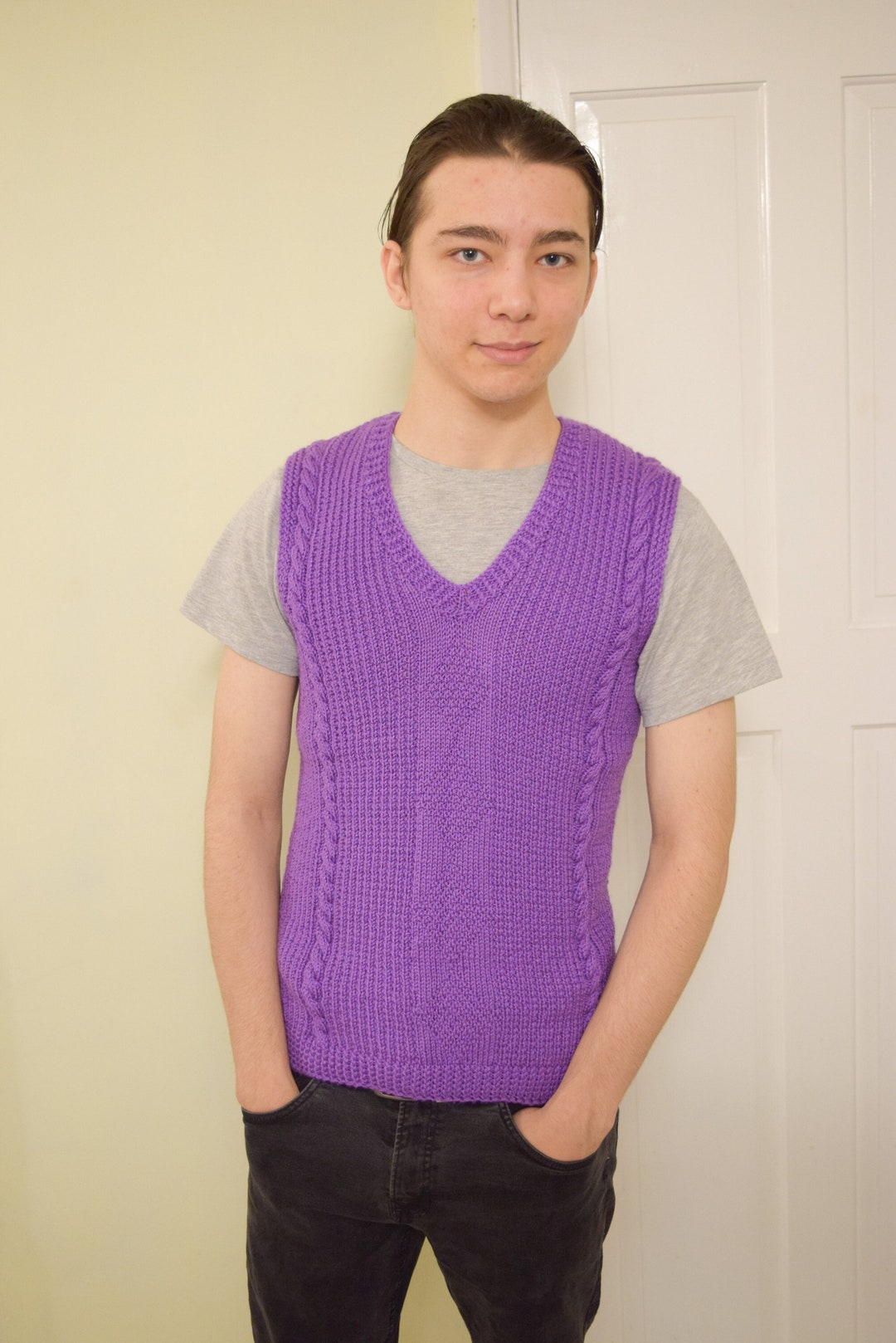 Classic Sleeveless Pullover, Hand Knitted Men's Vneck Sweater Vest