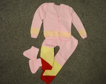 Hand Knitted Baby Set: Acrylic Yarn Cardigan, Pants & Boots (6-9 Months)