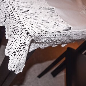 Handmade Embroidered Linen Tablecloth: Crochet Lace, Vintage Rectangular Table Cover