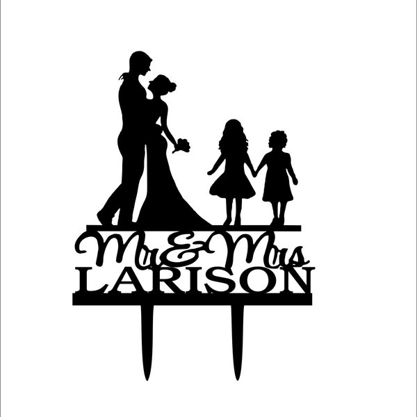 Bride and Groom Silhouette and Two Girls, Wedding Cake Topper, Fiance & Fiancee, Cake Topper, High quality Acrylic, Custom made