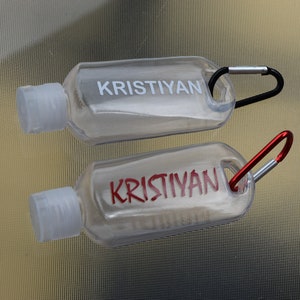 Personalised hand sanitiser bottle,Travel size bottle with carabiner clip,Reusable holiday bottle Snap hook,Refillable hand sanitiser bottle