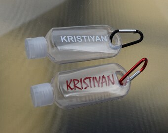 Personalised hand sanitiser bottle,Travel size bottle with carabiner clip,Reusable holiday bottle Snap hook,Refillable hand sanitiser bottle