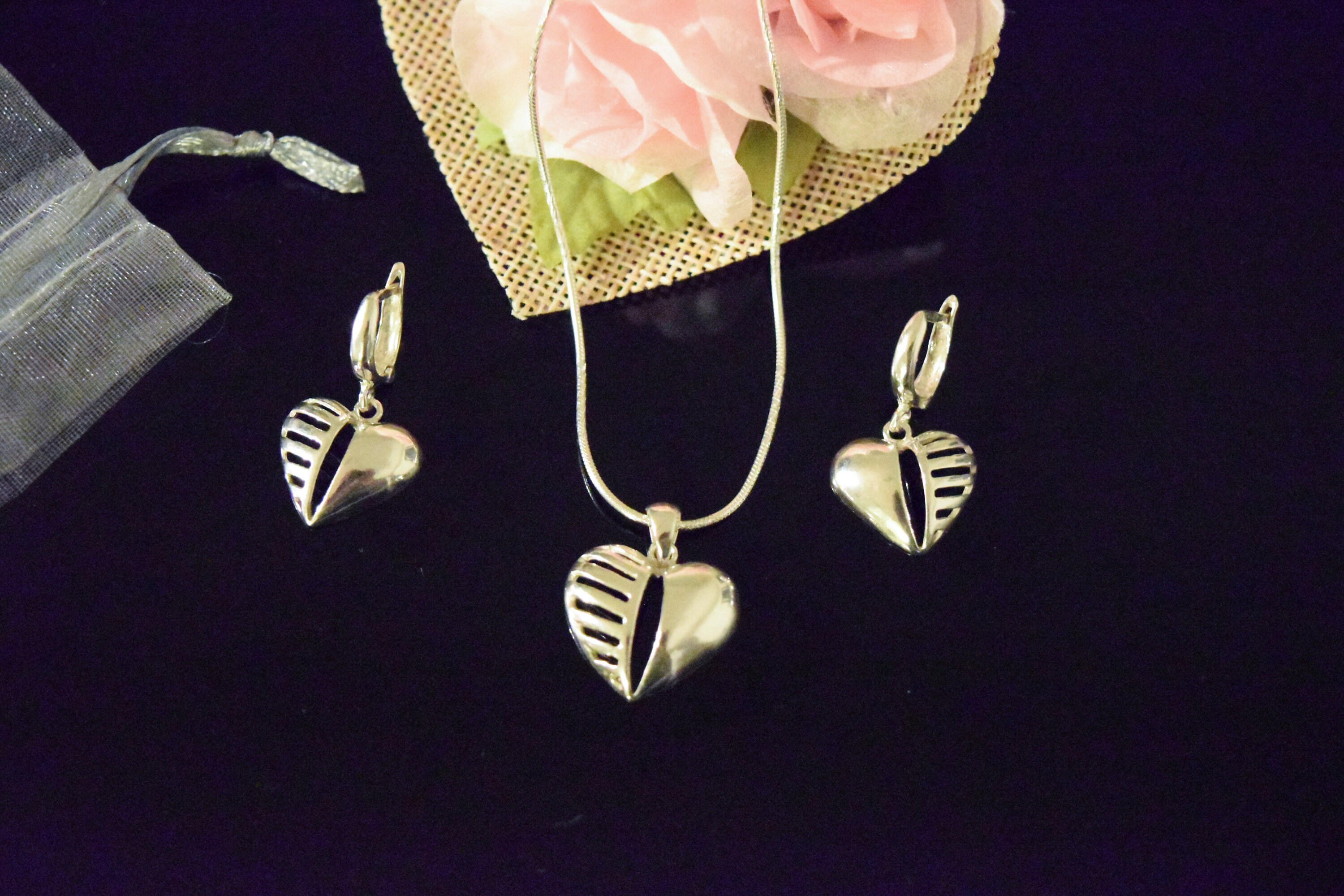 ★ROSEMONT★ Silver Heart Earrings Necklace Set RC24B12A SET Silver Necklace Earrings Set, Heart Earrings, Heart Jewelry
