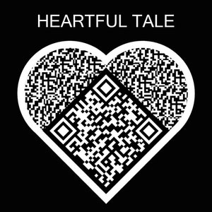 Peut inclure: Un code QR en forme de cœur noir et blanc avec le texte "HEARTFUL TALE" au-dessus.