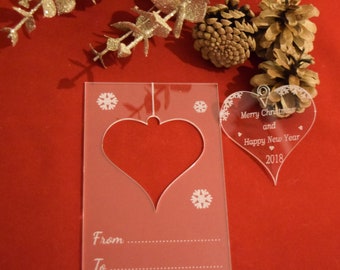 Acrylic Bauble Christmas Card, Christmas Heart Ornament, Christmas Postcard, Christmas gift, Christmas Tree Decoration, Wooden X-mas Card