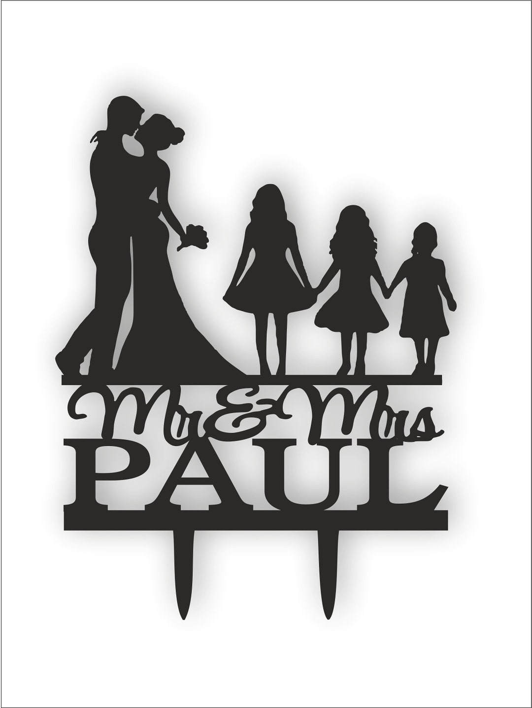 Bride and Groom Silhouette Acrylic Wedding Cake Topper With Three Girls ...