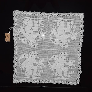 Crocheted Lace Angels Tablecloth, Handmade Home Decor, Angelic motif, Vintage Crochet lace, Square Tablecloth, Hand Sewn Vintage Tablecloth
